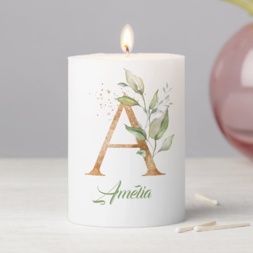 Boho greenery and gold foliage A monogram  Pillar Candle