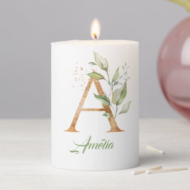 Boho greenery and gold foliage A monogram  Pillar Candle (In Situ)