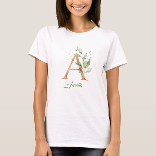 Boho greenery and gold foliage A monogram T_Shirt