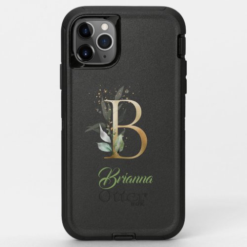 Boho greenery and gold foliage B monogram  OtterBox Defender iPhone 11 Pro Max Case