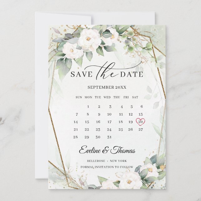 Boho greenery and lush floral bouquet white roses save the date (Front)
