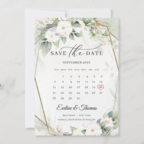 Boho greenery and lush floral bouquet white roses save the date