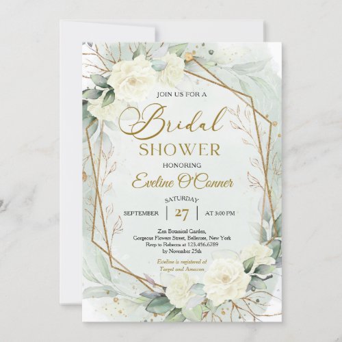 Boho greenery and white flowers faux gold frame  invitation