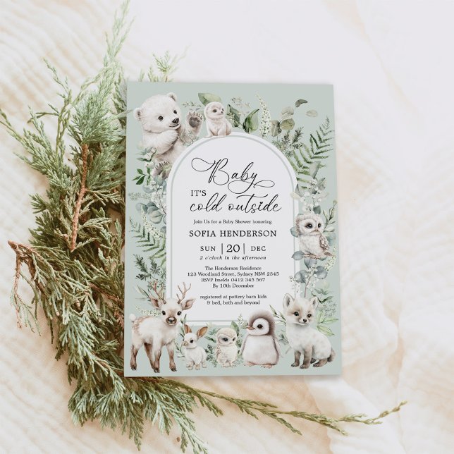 Boho Greenery Arctic Animals Winter Baby Shower Invitation (Creator Uploaded)