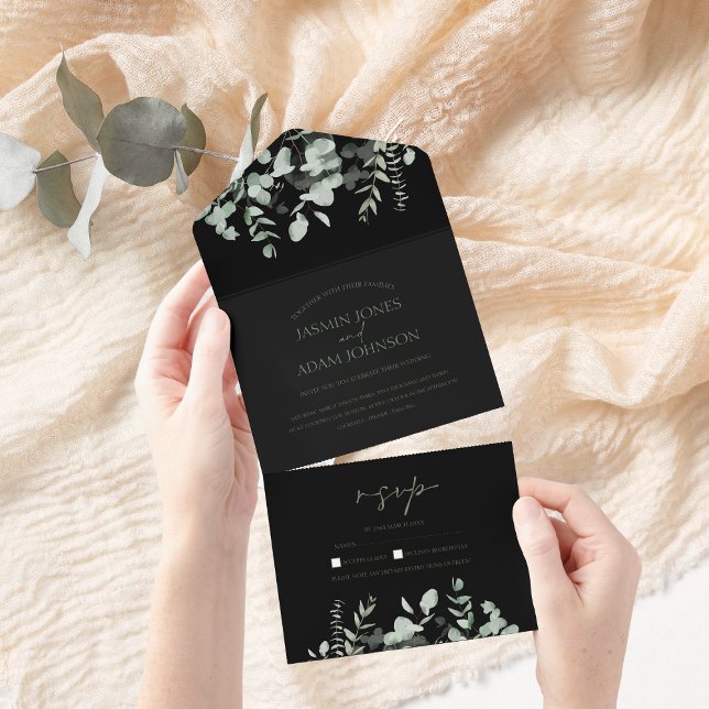 Boho Greenery Black Eucalyptus All-in-One Wedding All In One Invitation (Creator Uploaded)