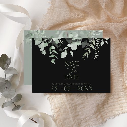 Boho Greenery Black Eucalyptus Wedding Date Card