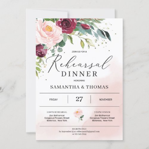 Boho greenery blush pink burgundy floral rehearsal invitation