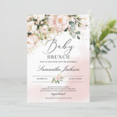 Boho greenery blush pink floral gold baby brunch invitation (Standing Front)