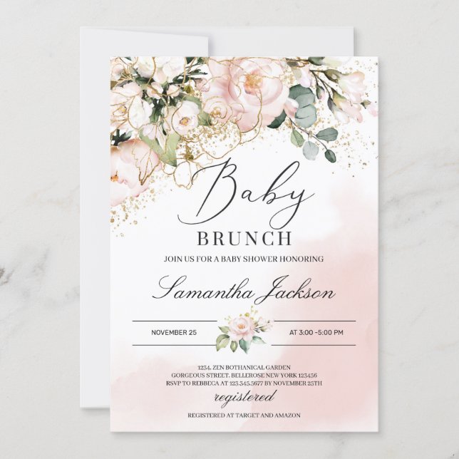 Boho greenery blush pink floral gold baby brunch invitation (Front)