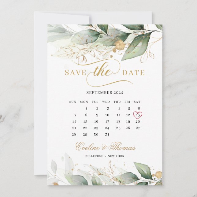 Boho greenery eucalyptus and gold leaves wedding s save the date (Front)