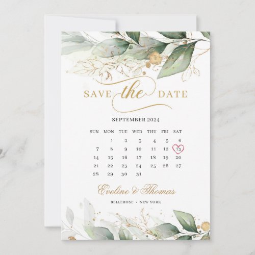 Boho greenery eucalyptus and gold leaves wedding save the date