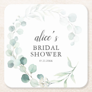 Boho Greenery Eucalyptus Bridal Shower Square Paper Coaster