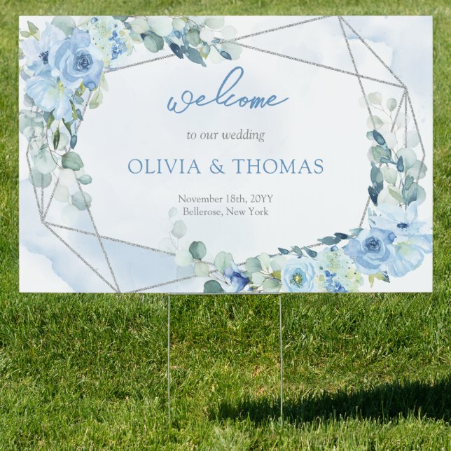 Boho greenery eucalyptus dusty blue silver welcome sign (Insitu)
