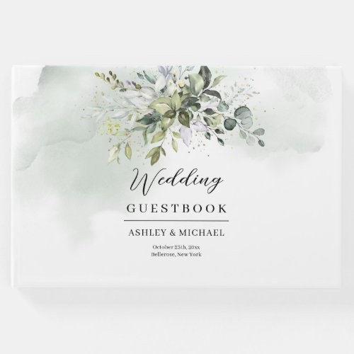 Boho greenery eucalyptus foliage gold Guest Book