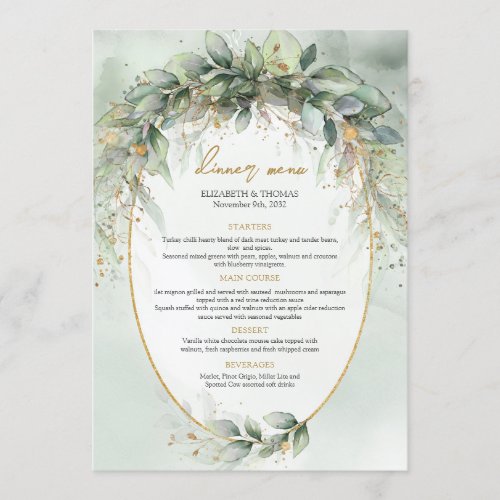 Boho greenery eucalyptus foliage gold oval menu