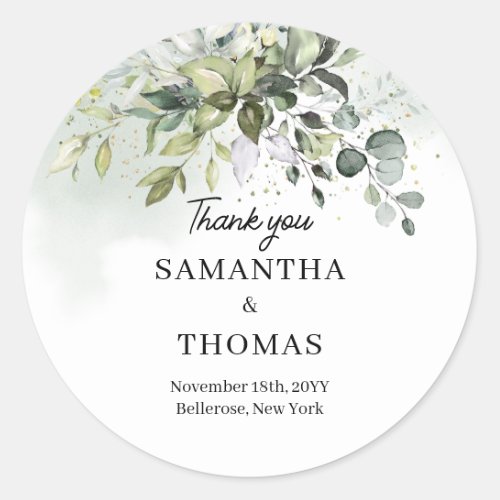 Boho greenery eucalyptus foliage gold sparkles classic round sticker