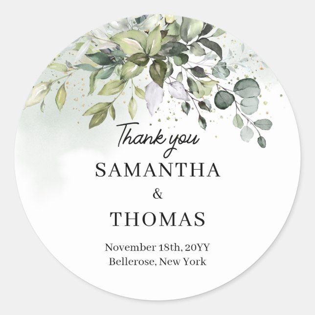 Boho greenery eucalyptus foliage gold sparkles classic round sticker (Front)