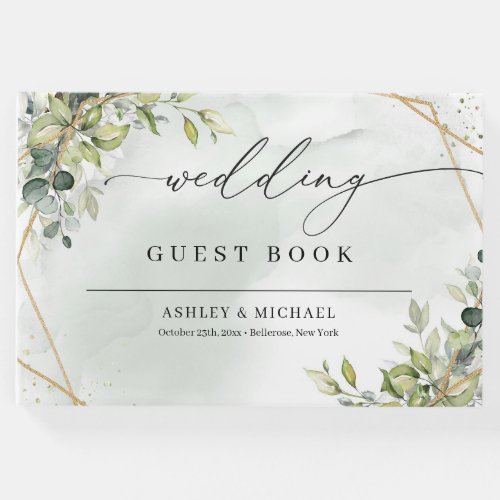 Boho greenery eucalyptus foliage gold wedding guest book