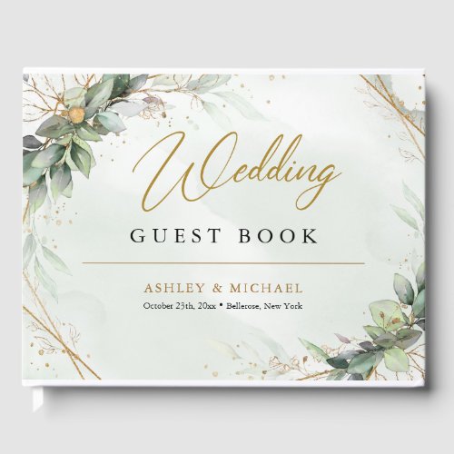 Boho greenery eucalyptus foliage gold wedding guest book
