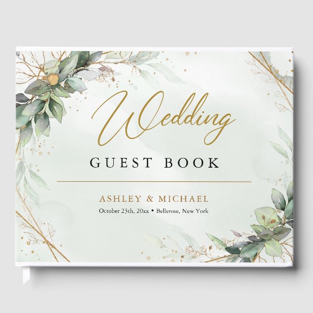Boho greenery eucalyptus foliage gold wedding guest book (Front)