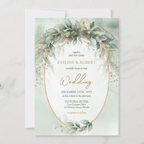 Boho greenery eucalyptus foliage gold wedding invitation