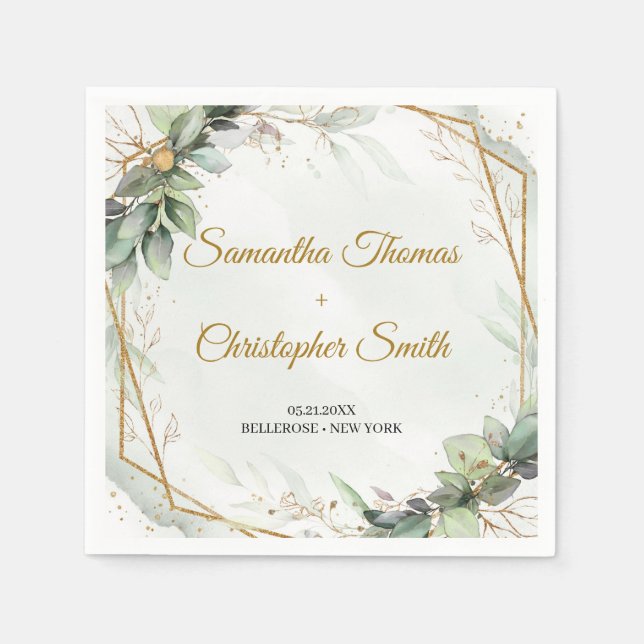 Boho greenery eucalyptus foliage gold wedding napkins (Front)