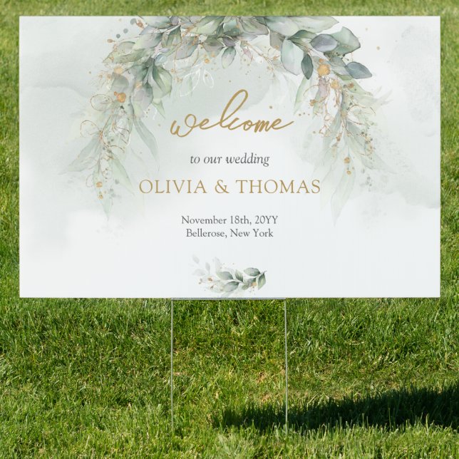 Boho greenery eucalyptus foliage gold Welcome  Sign (Insitu)