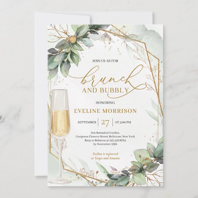Boho greenery eucalyptus & gold brunch and bubbly invitation (Front)