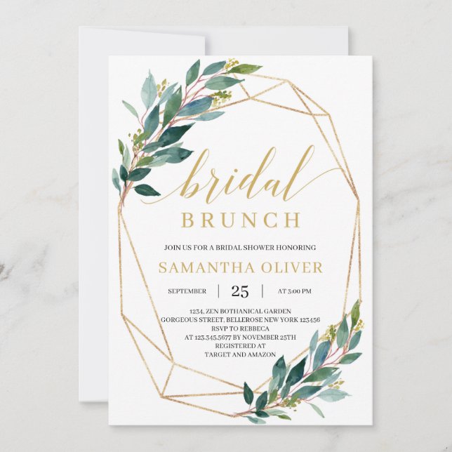 Boho greenery eucalyptus gold frame bridal brunch invitation (Front)