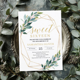 Boho Greenery eucalyptus gold frame sweet sixteen Invitation