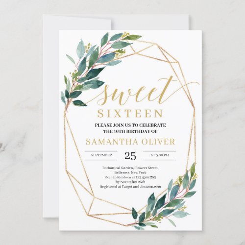 Boho Greenery eucalyptus gold frame sweet sixteen Invitation