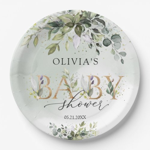 Boho greenery eucalyptus gold letters Baby Shower Paper Plates