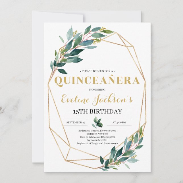 Boho greenery eucalyptus gold quinceanera invitation (Front)