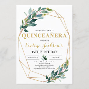 Boho greenery eucalyptus gold quinceanera invitation