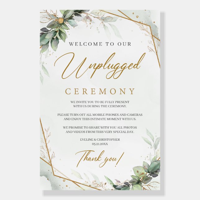 Boho greenery eucalyptus gold unplugged ceremony foam board (Front)