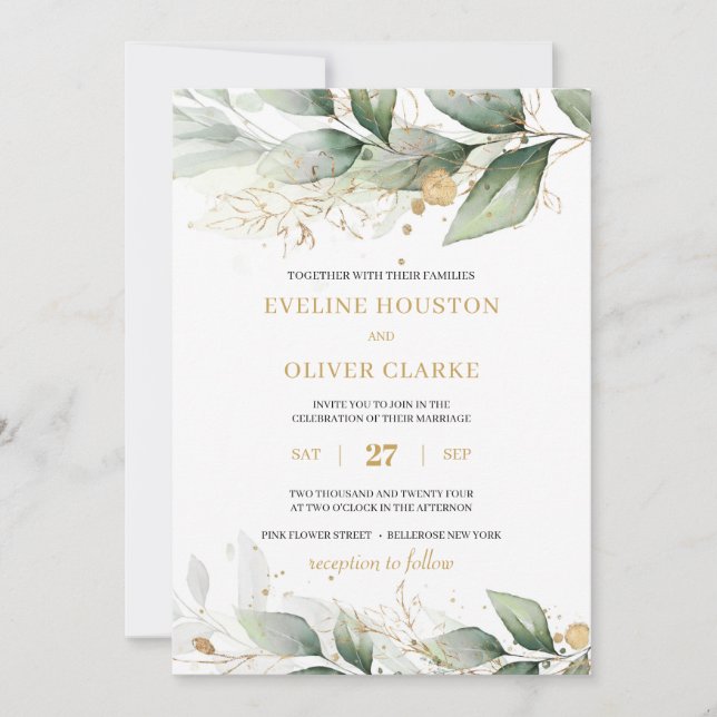 Boho greenery eucalyptus leaves gold wedding invitation (Front)