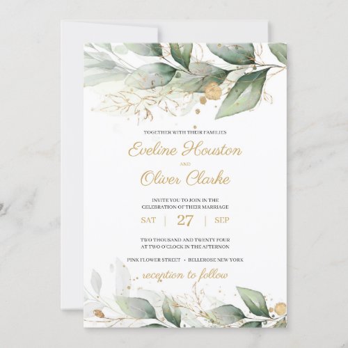 Boho greenery eucalyptus leaves gold wedding invitation