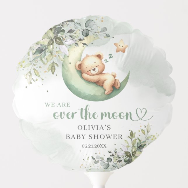 Boho Greenery eucalyptus over the moon teddy bear Balloon (Front)