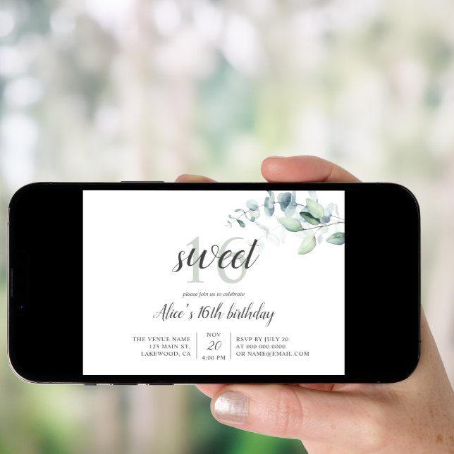 `Boho Greenery Eucalyptus Sweet 16 Invitation (Front Digital)
