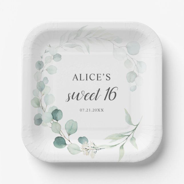 Boho Greenery Eucalyptus Sweet 16 Paper Plates (Front)