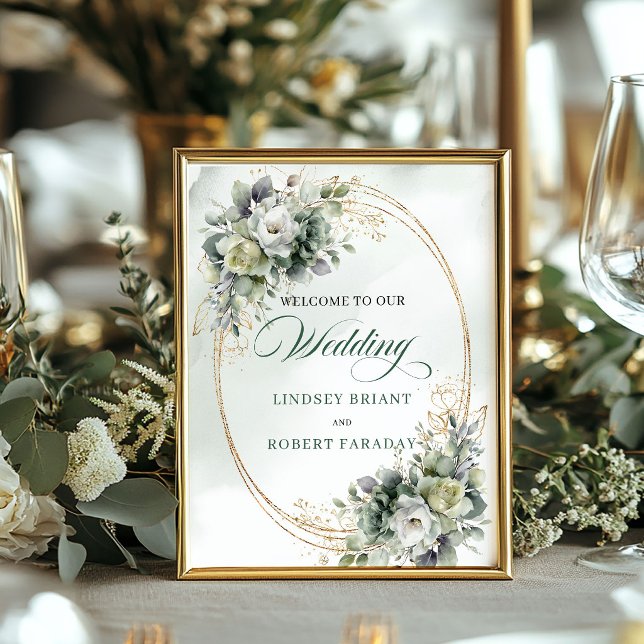 Boho Greenery Eucalyptus Wedding Welcome Sign Gold (Wedding Welcome Boho Dusty Green Eucalyptus Watercolor Wedding Welcome)