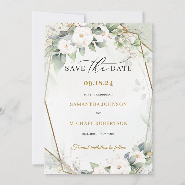 Boho Greenery eucalyptus white roses flowers Save The Date (Front)
