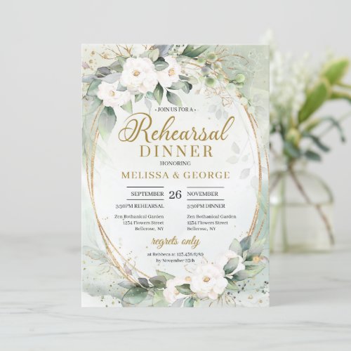 Boho Greenery eucalyptus white roses gold oval  Invitation