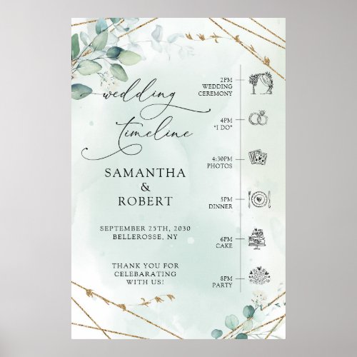 Boho Greenery Faux Gold Frame Wedding Timeline Poster