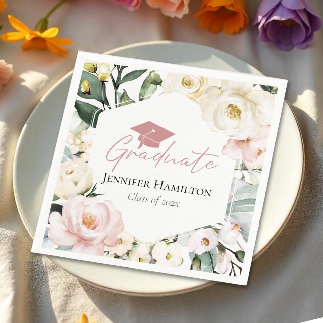 Boho Greenery Floral Frame Graduation Napkins (Creator Uploaded)