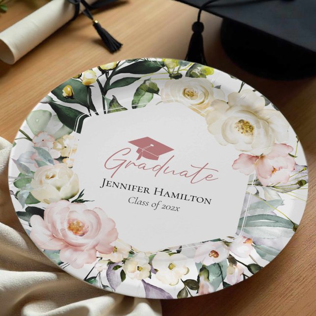 Boho Greenery Floral Frame Graduation Paper Plates (Creator Uploaded)