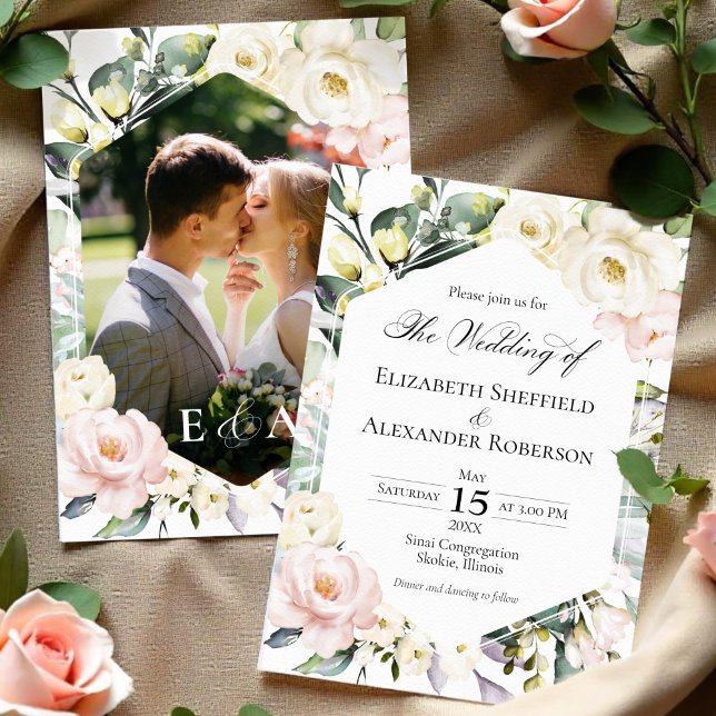 Boho Greenery Floral Frame Photo Wedding Invitation (Creator Uploaded)