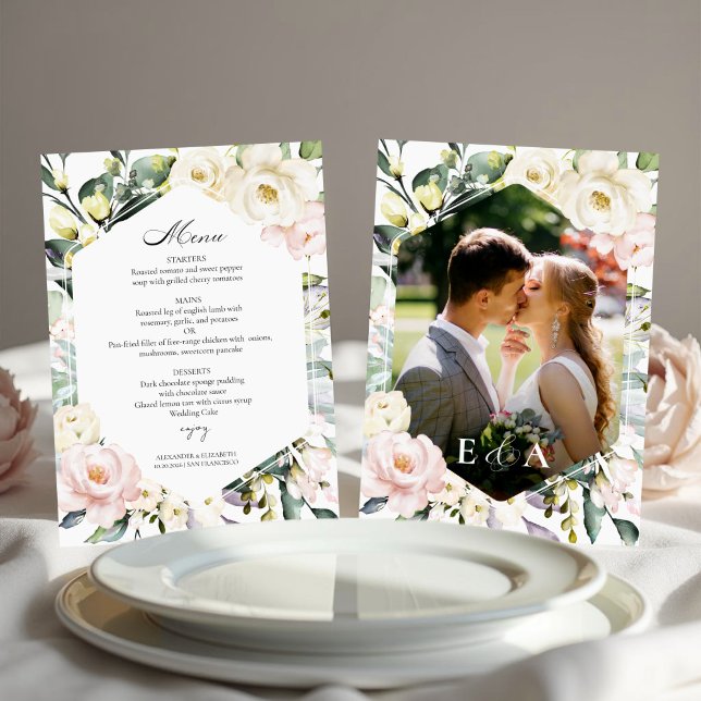 Boho Greenery Floral Frame Photo Wedding Menu Card (Creator Uploaded)