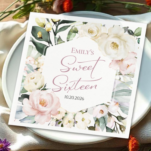Boho Greenery Floral Frame Sweet 16 Napkins (Creator Uploaded)