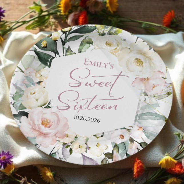 Boho Greenery Floral Frame Sweet 16 Paper Plates (Creator Uploaded)